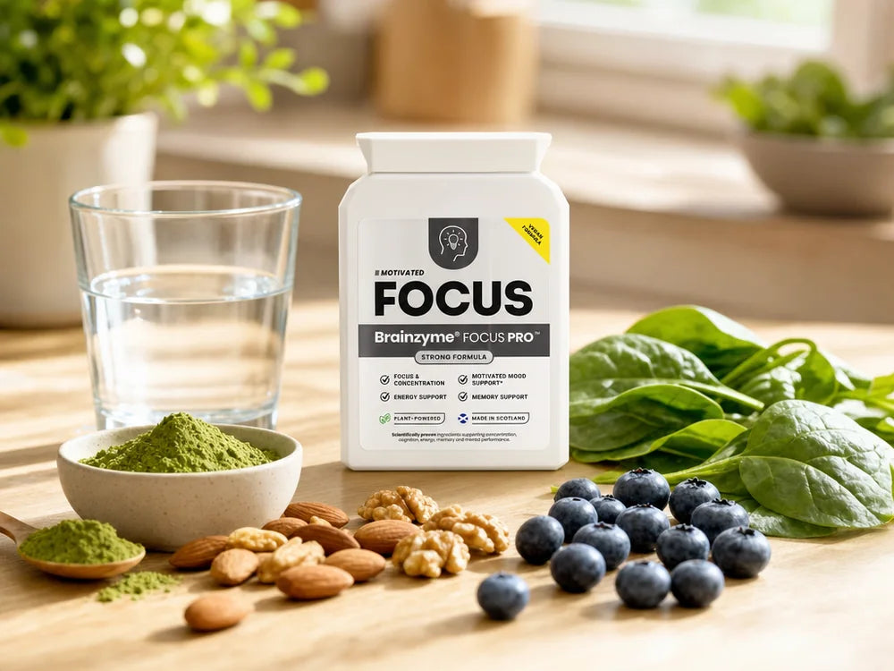 FOCUS PRO with dopamine-supporting whole foods — matcha, nuts, blueberries and leafy greens