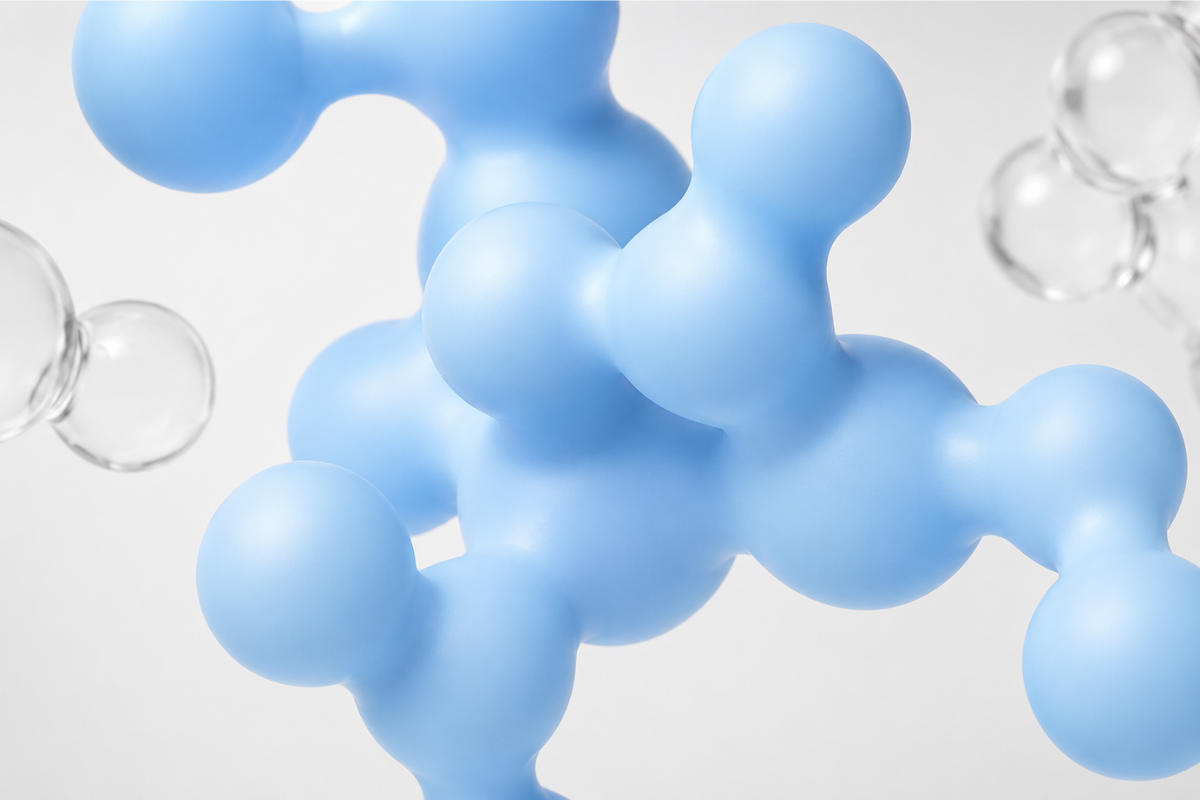 Stylized 3D rendering of pale blue molecular models, illustrating amino acids for focus including L-tyrosine, L-theanine, and acetyl L-carnitine.