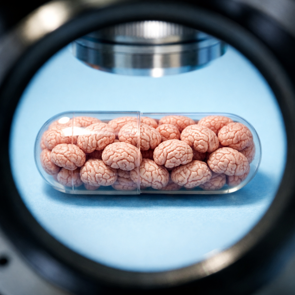 Microscope view of a transparent capsule filled with miniature brain models, symbolizing cognitive enhancement and study drugs.