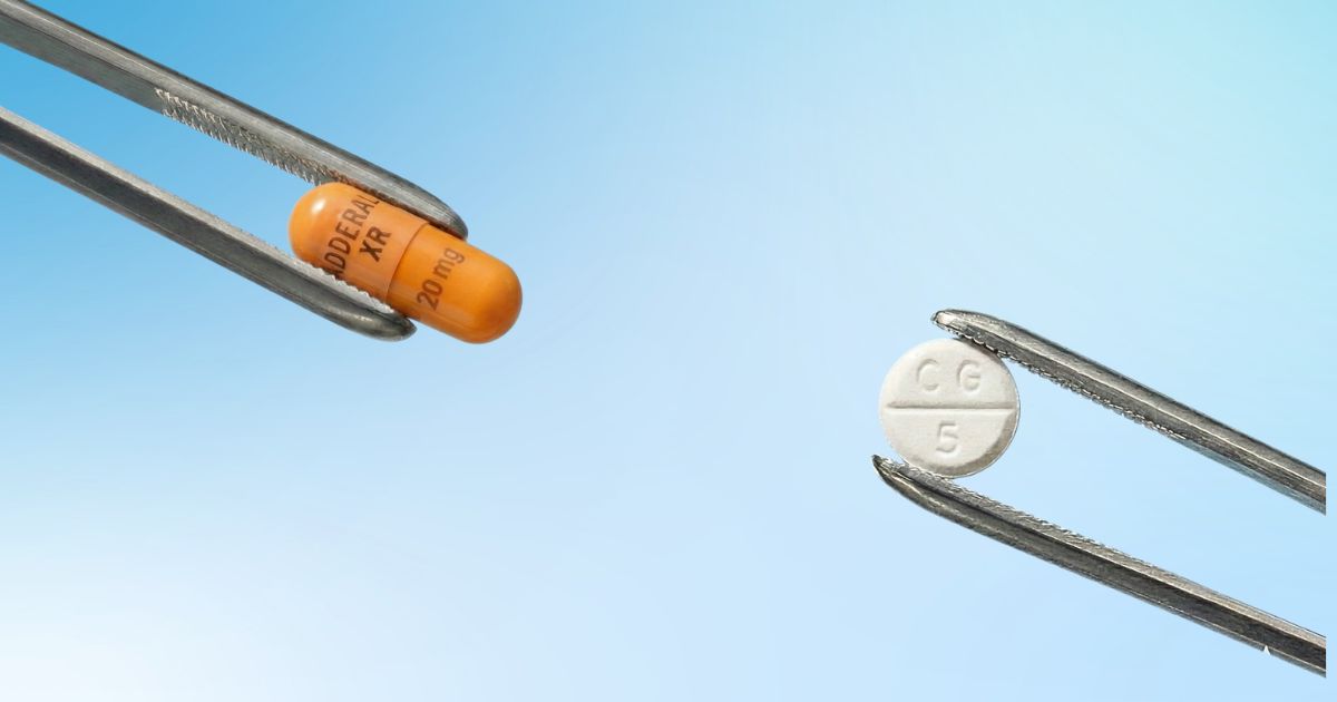 Adderall and Ritalin compared against eachother medically. The photo features two tweezers each holding a medication to compare them 