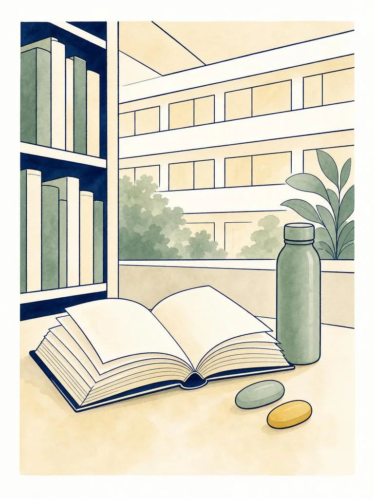 Brainzyme focus capsules on a study desk with an Austin skyline silhouette in the background