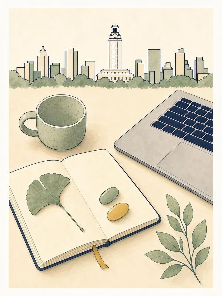 Ligne-claire illustration of a student desk near Perry-Castaneda Library, UT Austin, during exam season