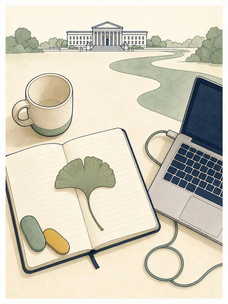 Ligne-claire illustration of a student desk during exam season in Boston