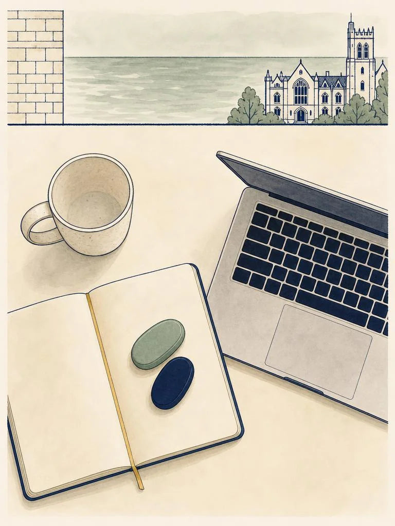 Ligne-claire illustration of a student desk during exam season in Chicago