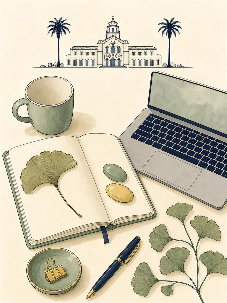 Ligne-claire illustration of a student desk during exam season in Los Angeles