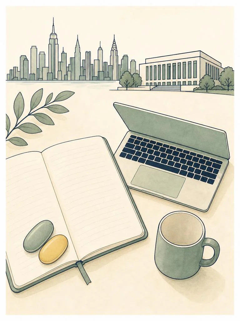 Ligne-claire illustration of a student desk during exam season in New York City