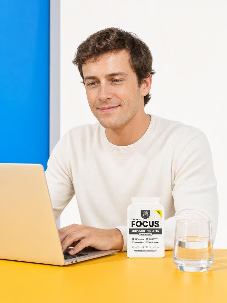 A man in his thirties working at his laptop at the yellow table, Brainzyme FOCUS PRO beside him